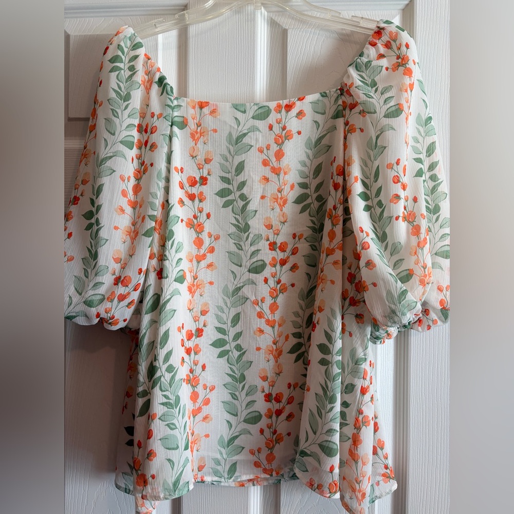 Floral Puff Sleeve Blouse - Orange and Green